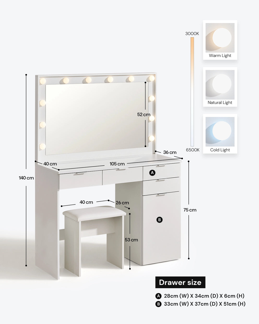 Lunea white dressing table set with LED vanity mirror and matching stool, displayed with product dimension and feature details.