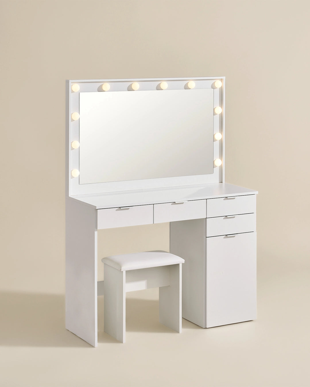 Side view of the Lunea white dressing table showing the tabletop depth, drawer unit and space beneath the vanity for the matching stool.
