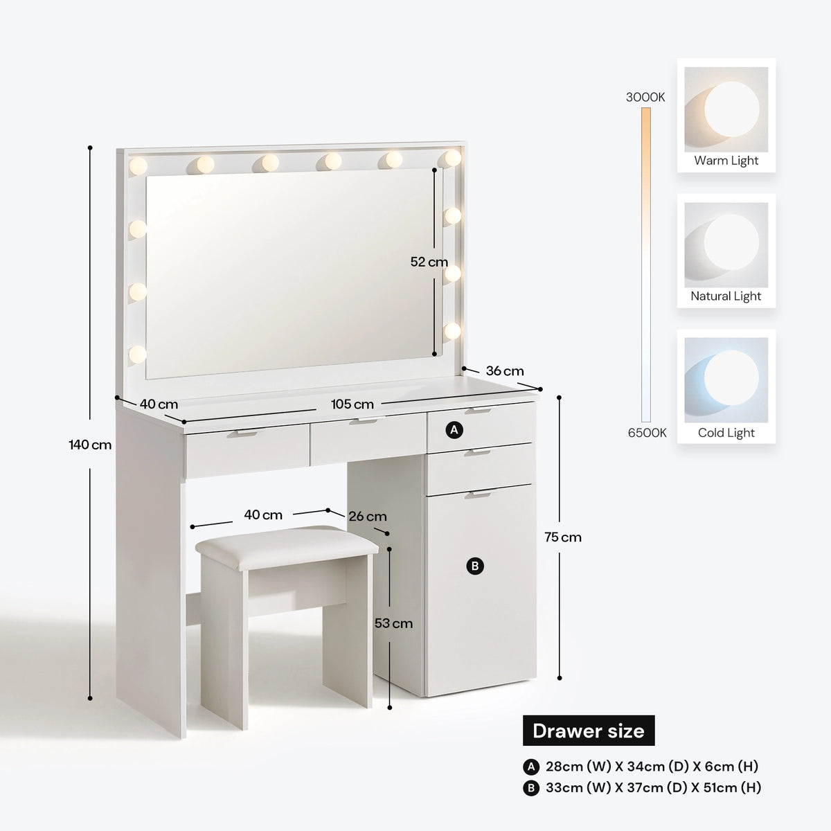 Lunea white dressing table with LED mirror and matching stool, accompanied by product feature illustrations and specification details.