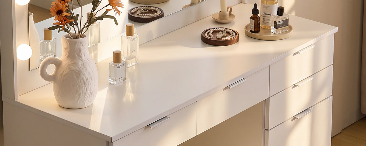 Close-up lifestyle view of the Lunea white dressing table, featuring its LED vanity mirror, spacious tabletop, drawer storage and decorative accessories.