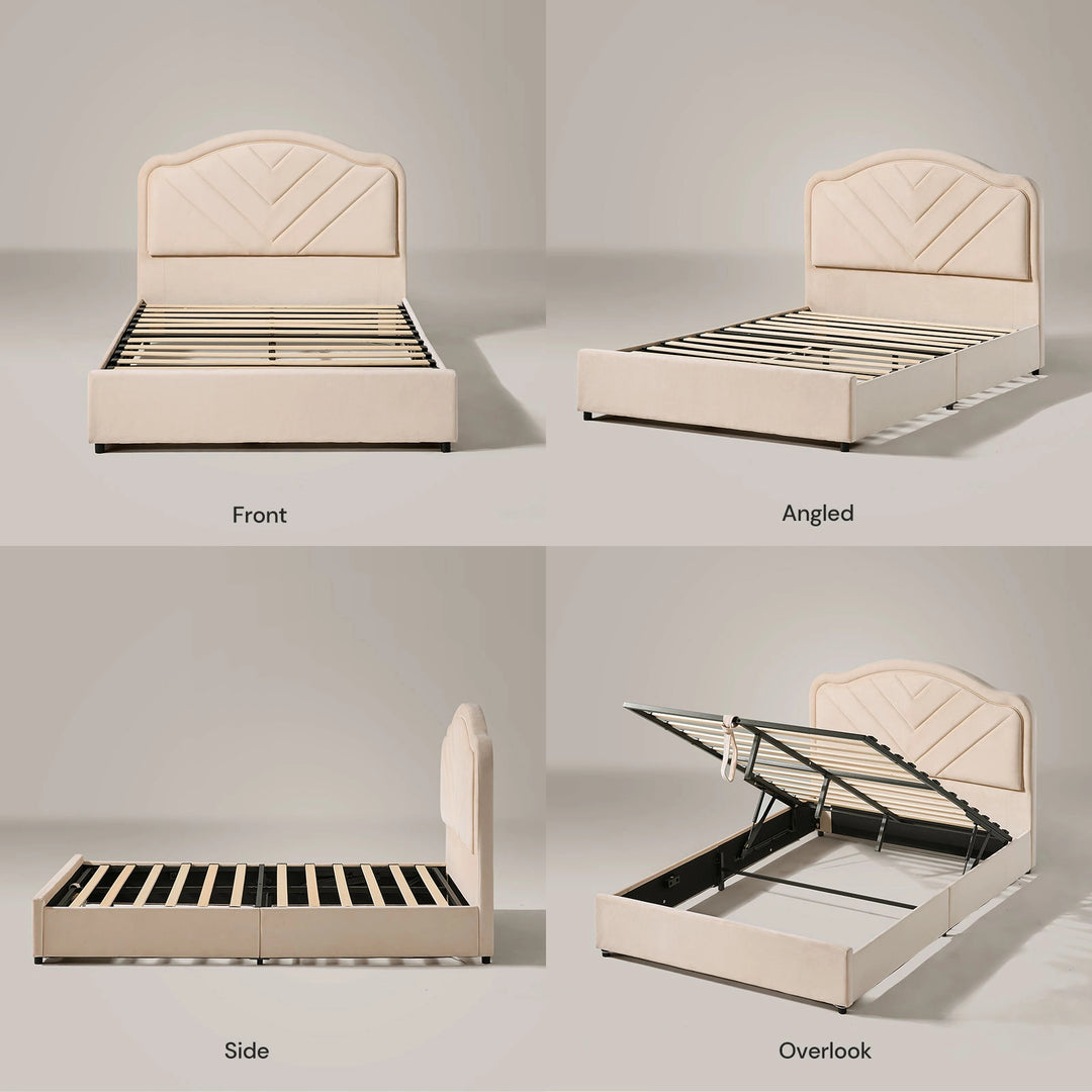 Front, side, and top view of upholstered double bed frame