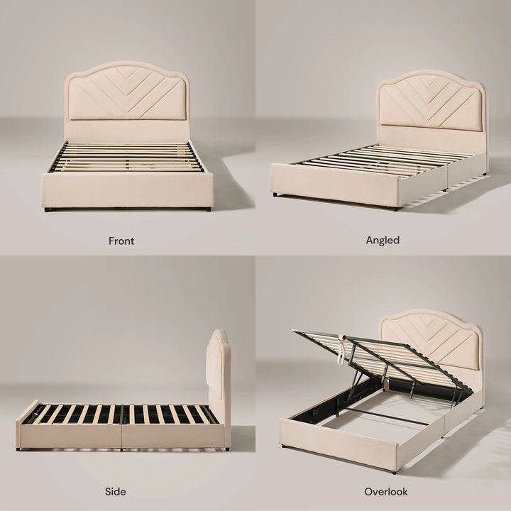 Front, side, and top view of upholstered double bed frame