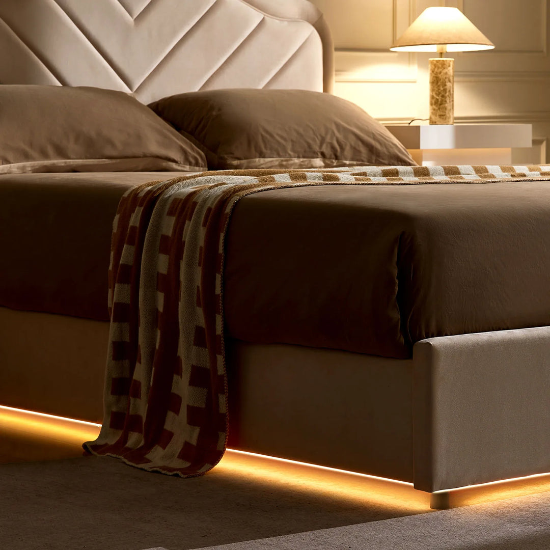 Double Bed Frame with LED lights on, creating cozy bedroom ambiance