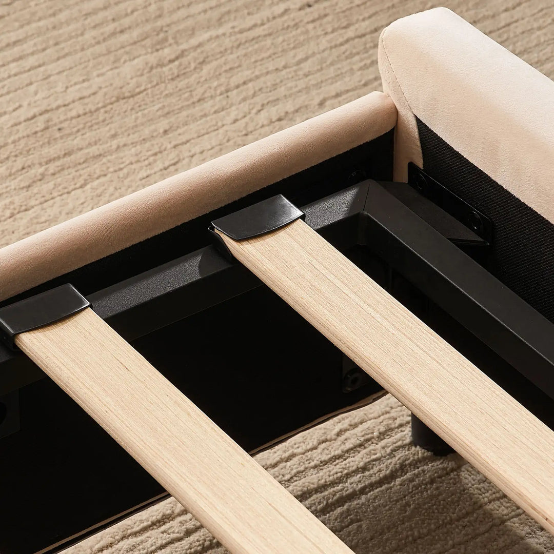 Structure of upholstered double bed frame showing sturdy construction