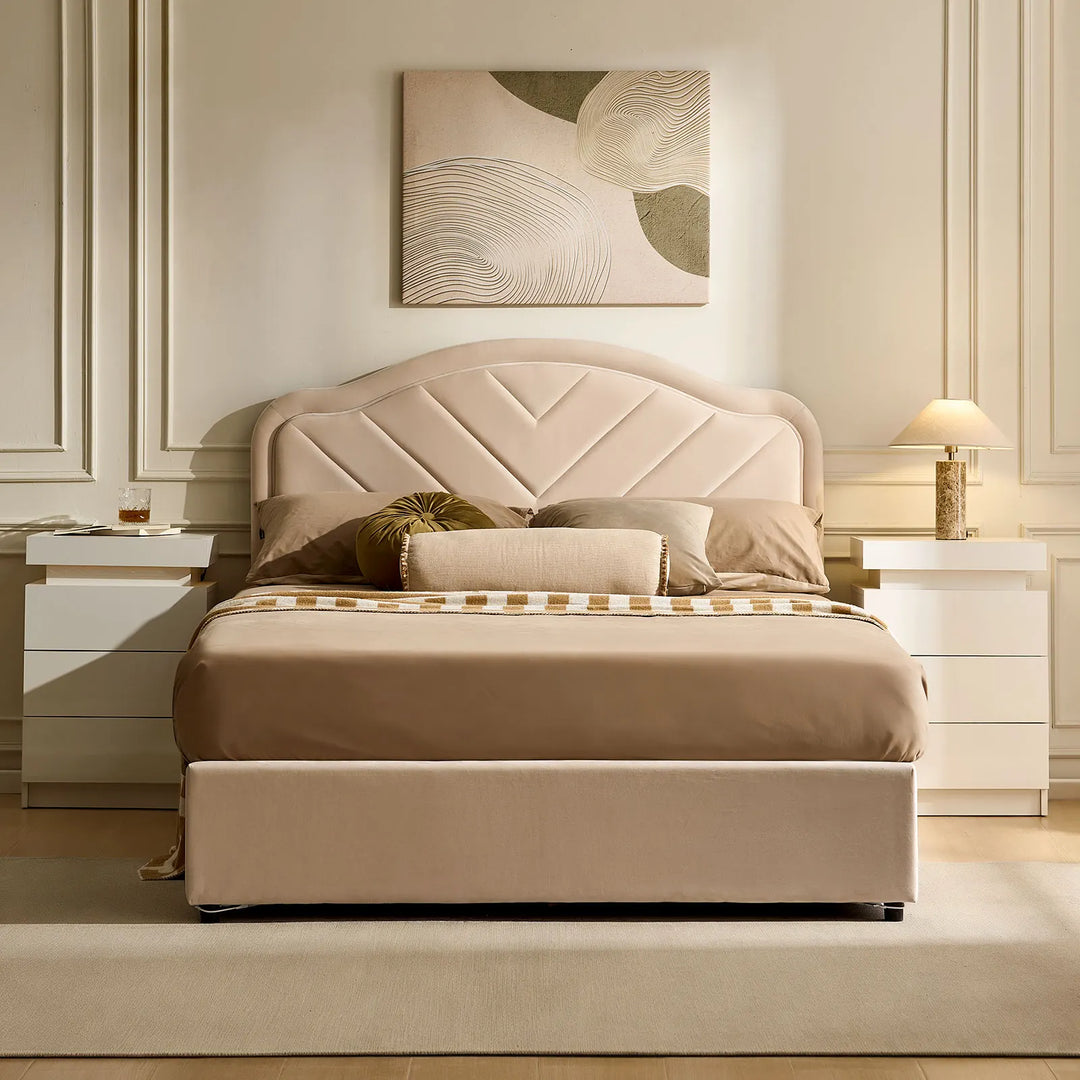 Cream Upholstered Double Bed Frame in bright bedroom with soft velvet headboard and footboard