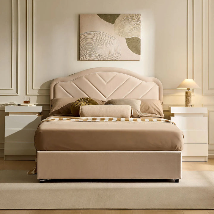 Cream Upholstered Double Bed Frame in bright bedroom with soft velvet headboard and footboard