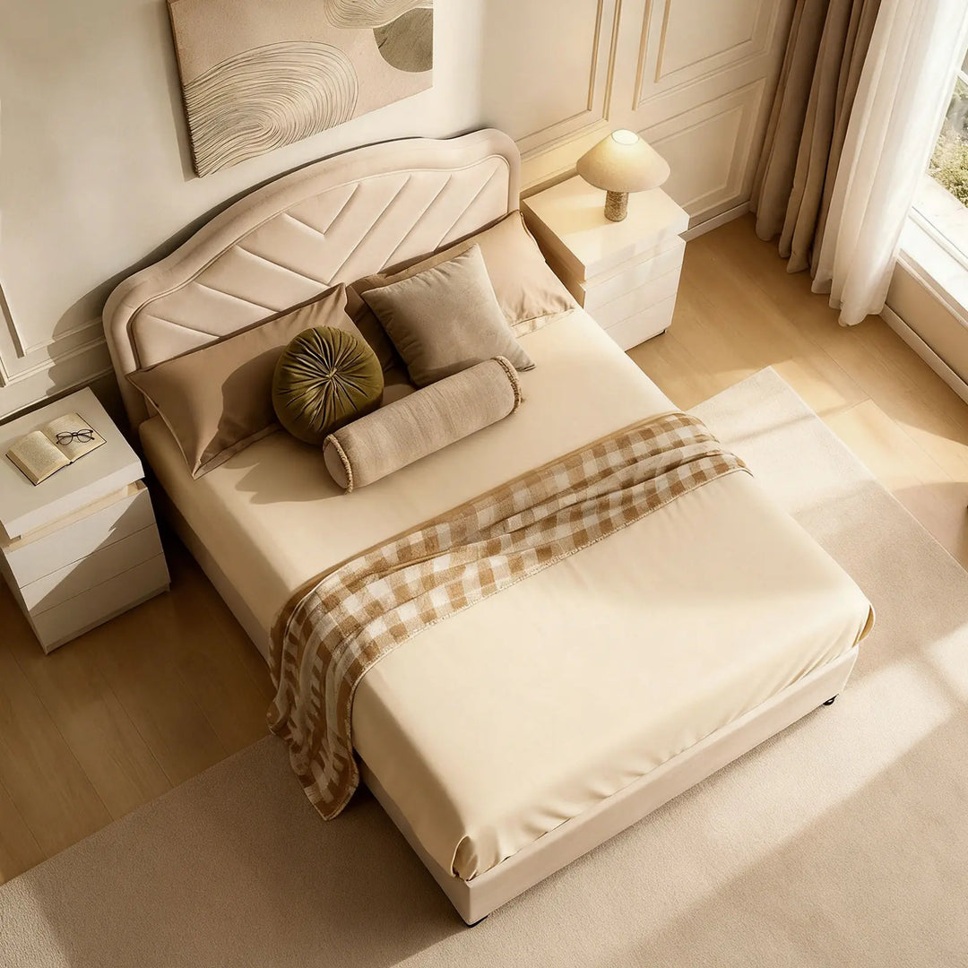 Top view of standard double bed frame in bedroom during daytime, offering spacious sleeping area