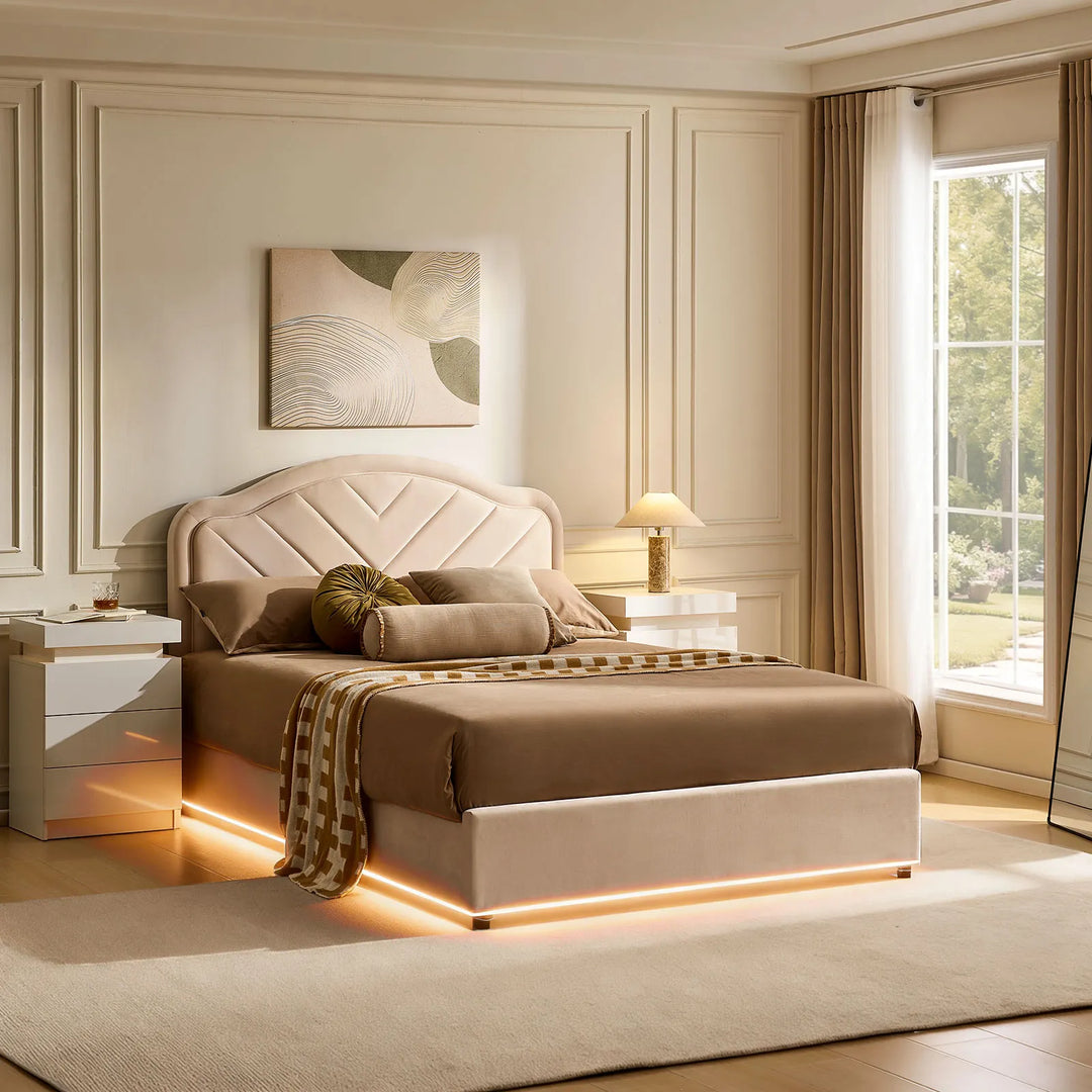 Double Bed Frame with LED lights on in natural daylight, creating cozy bedroom ambiance