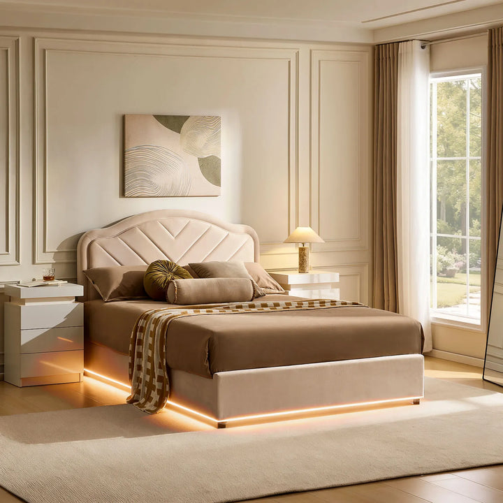 Double Bed Frame with LED lights on in natural daylight, creating cozy bedroom ambiance