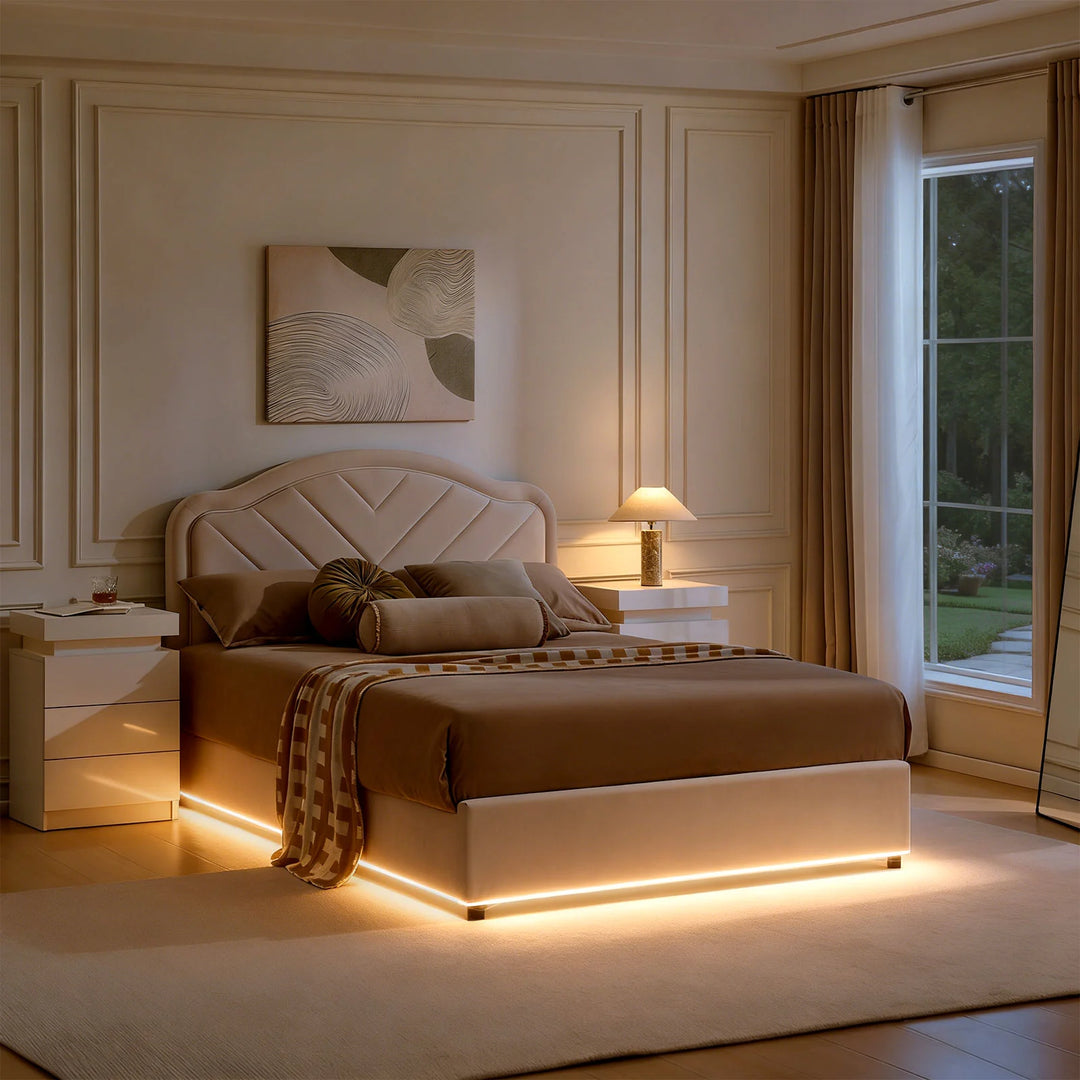 LED Upholstered Bed Frame in bedroom at night with warm yellow lighting