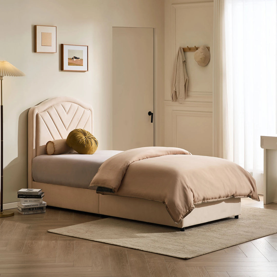 Luniva Cream LED Single Bed Frame in a bright daytime bedroom
