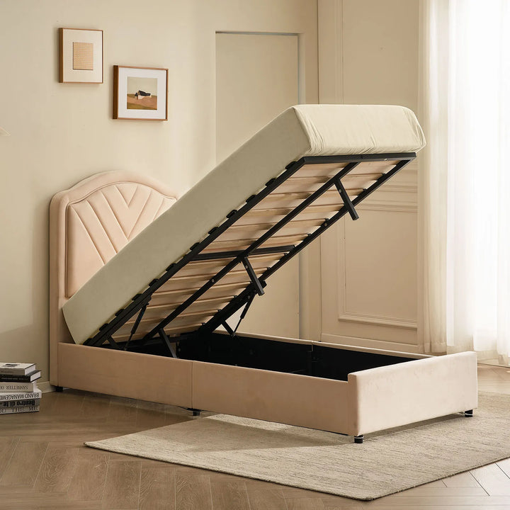Luniva Cream LED Single Bed Frame with ottoman storage open