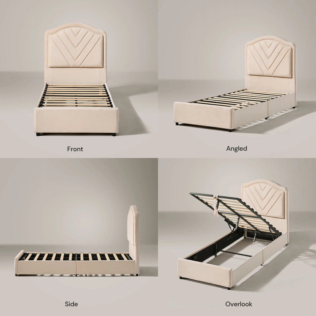 Front, side and open-storage views of the Luniva Cream LED Single Bed Frame