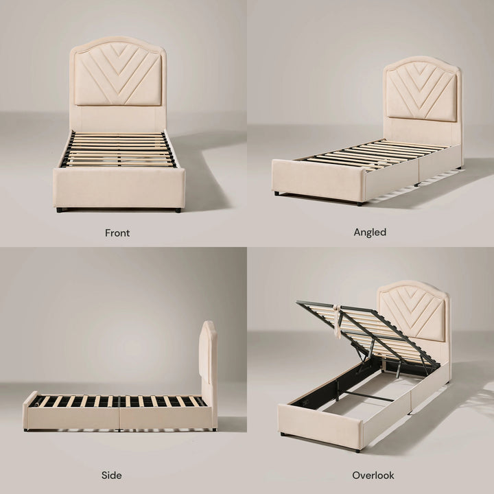 Front, side and open-storage views of the Luniva Cream LED Single Bed Frame