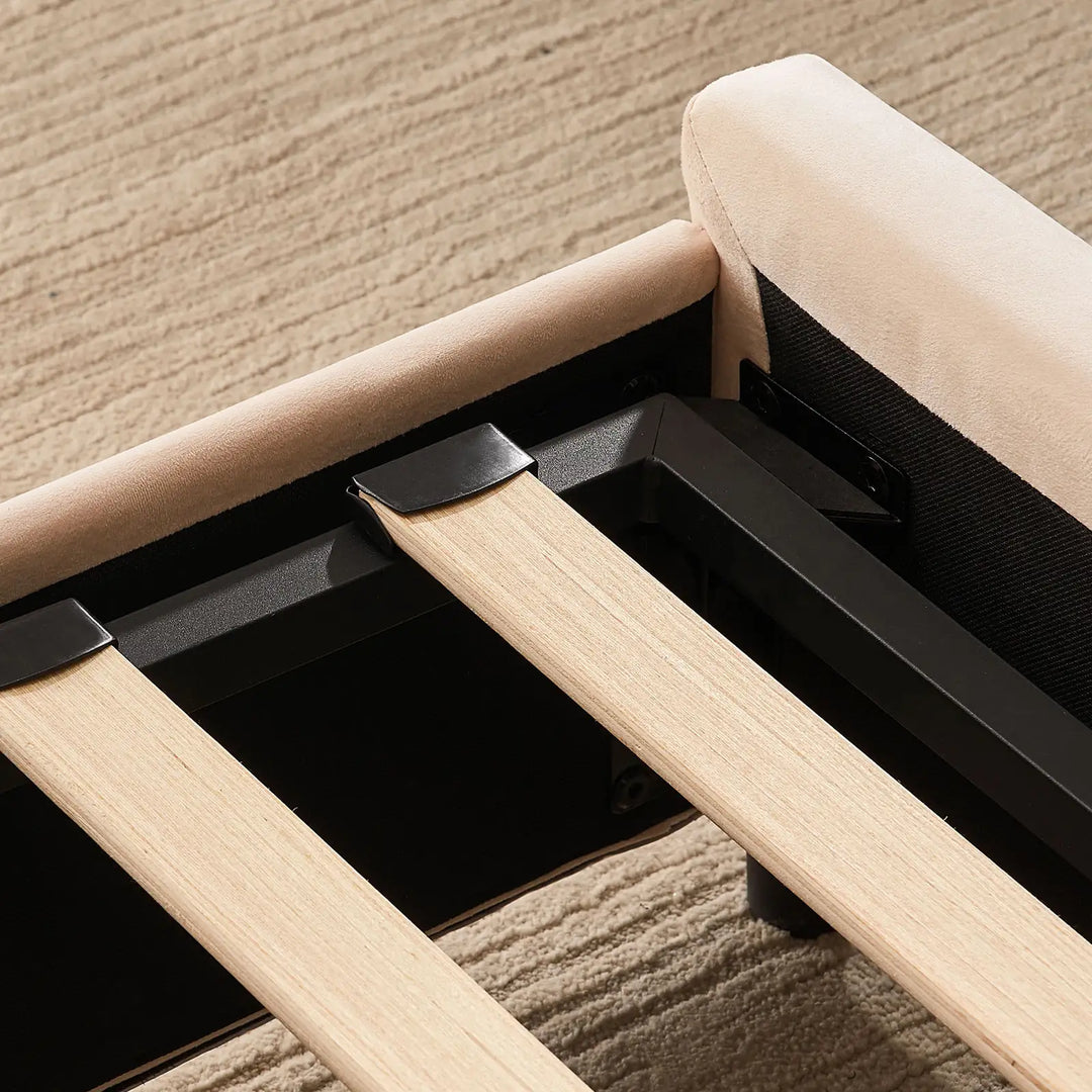 Bed frame detail showing flat slats and metal support structure on the Luniva Cream LED Single Bed