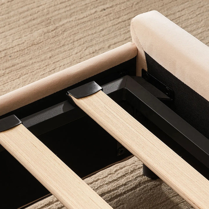 Bed frame detail showing flat slats and metal support structure on the Luniva Cream LED Single Bed