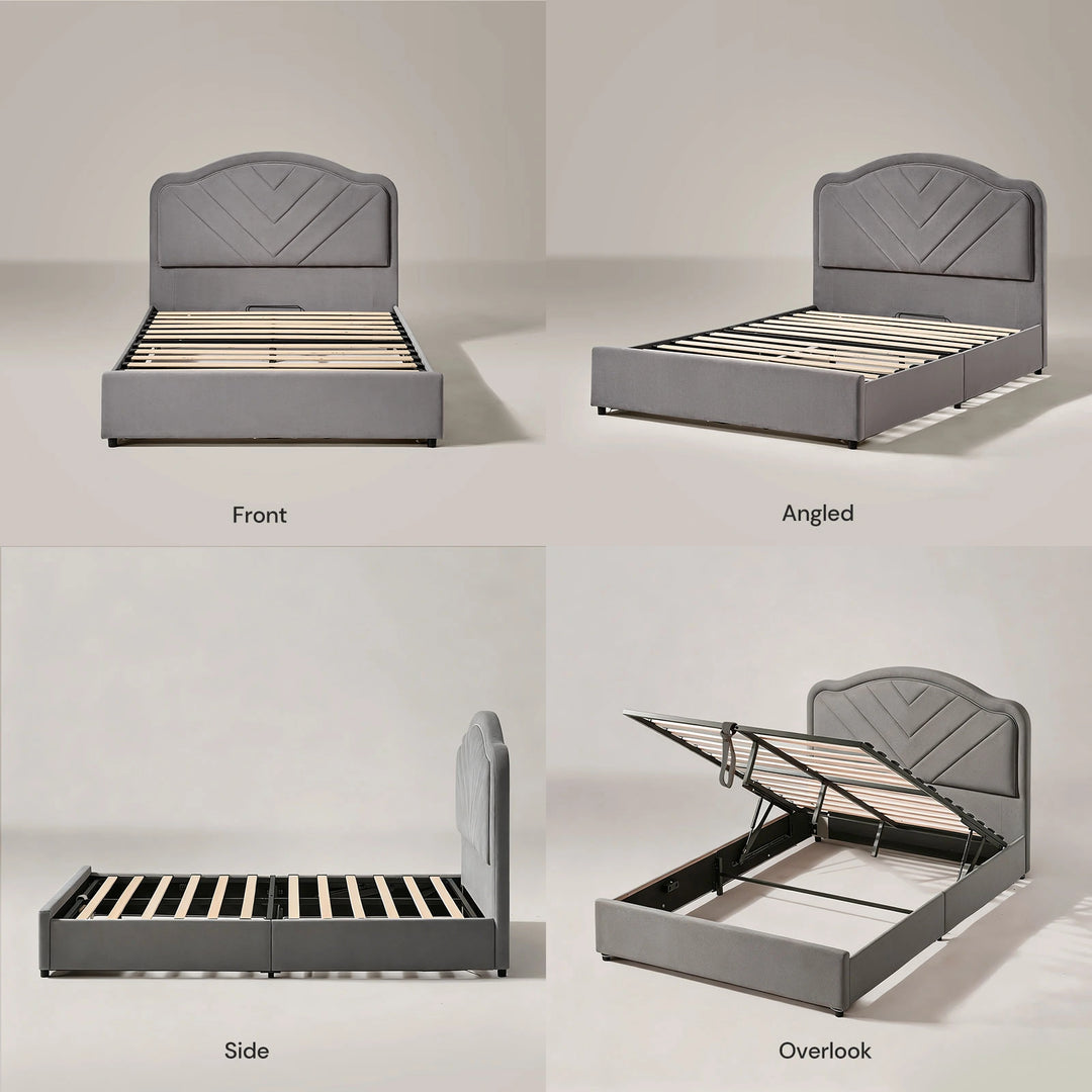 Front, side, and top view of upholstered double bed frame