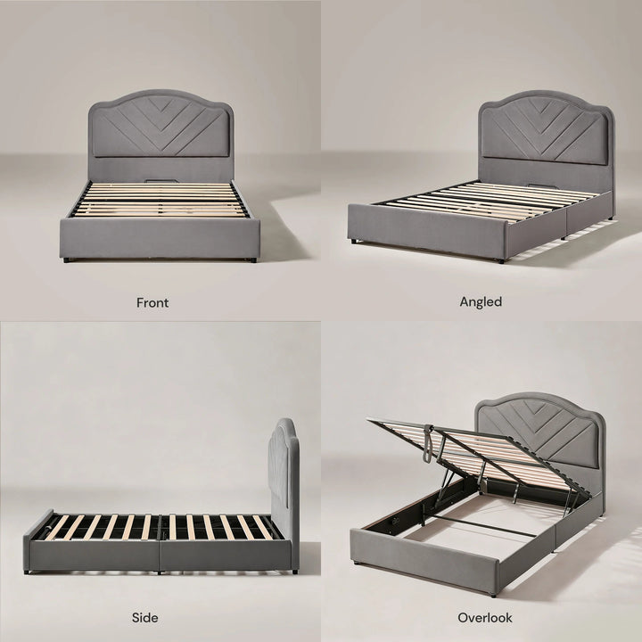 Front, side, and top view of upholstered double bed frame