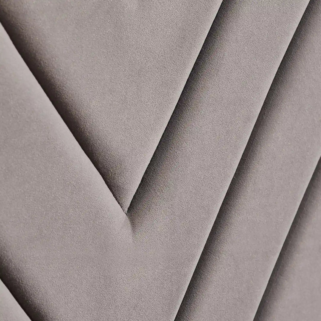 Detailed view of V-stitch pattern on upholstered headboard of Luniva grey double bed frame