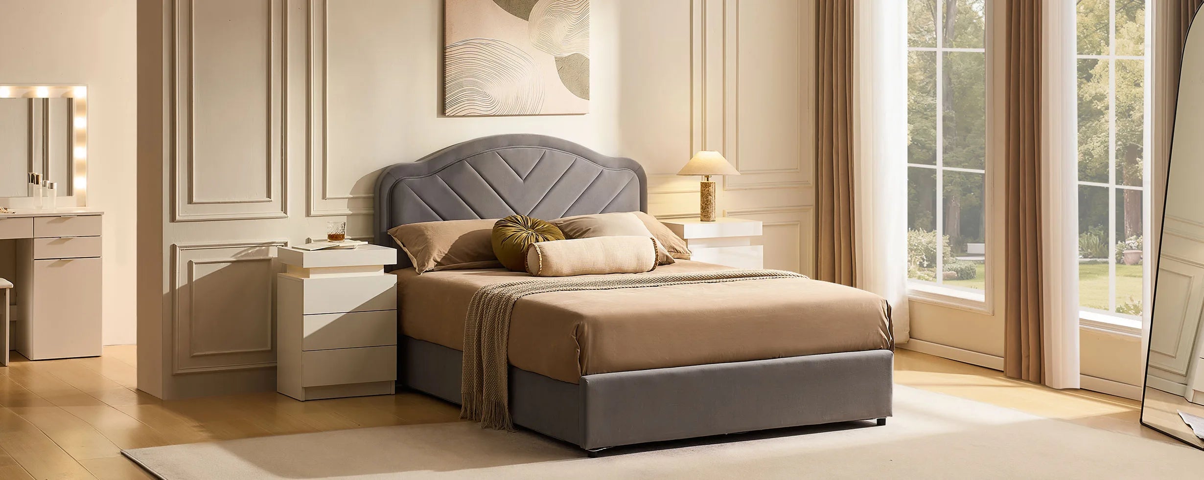 Luniva Grey Double Bed Frame in bright bedroom during daytime