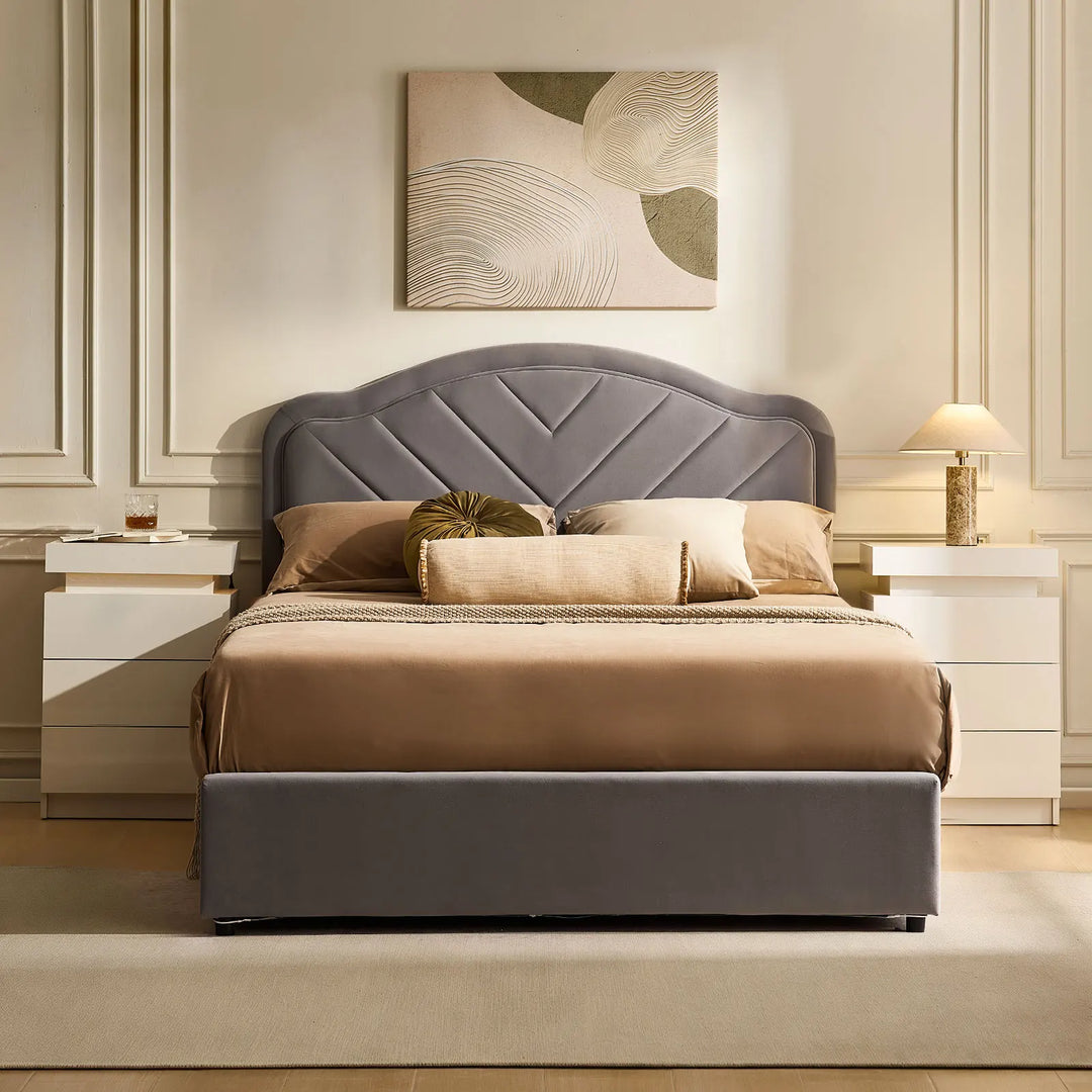 Grey Upholstered Double Bed Frame in bright bedroom with soft velvet headboard and footboard