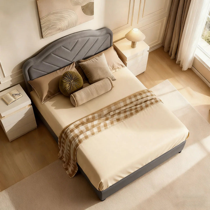 Top view of Luniva grey standard double bed frame in bedroom during daytime, offering spacious sleeping area