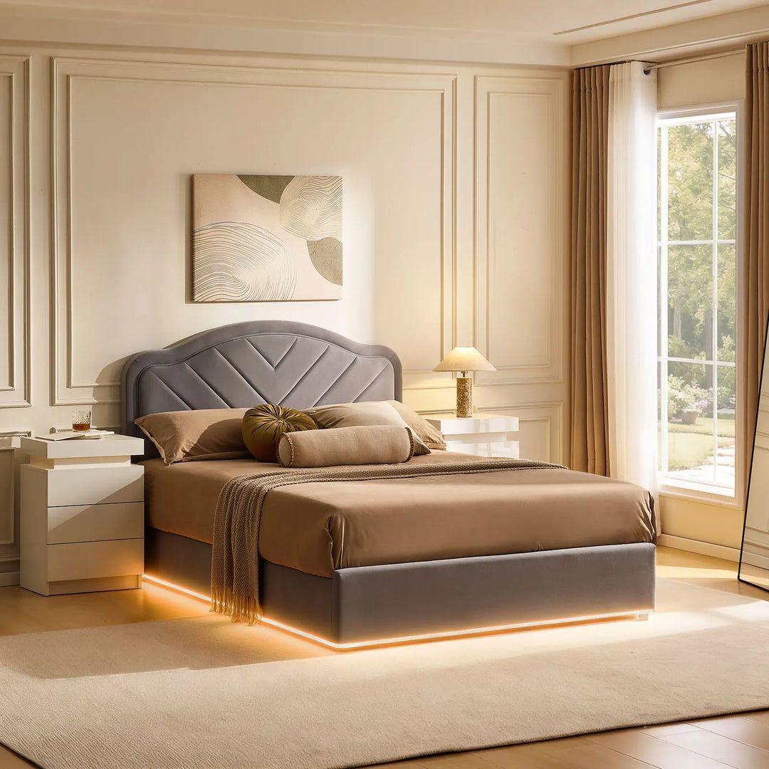 Grey Double Bed Frame with LED lights on in natural daylight, creating cozy bedroom ambiance