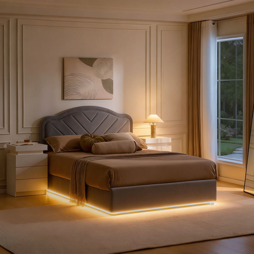 LED Upholstered Bed Frame in bedroom at night with warm yellow lighting