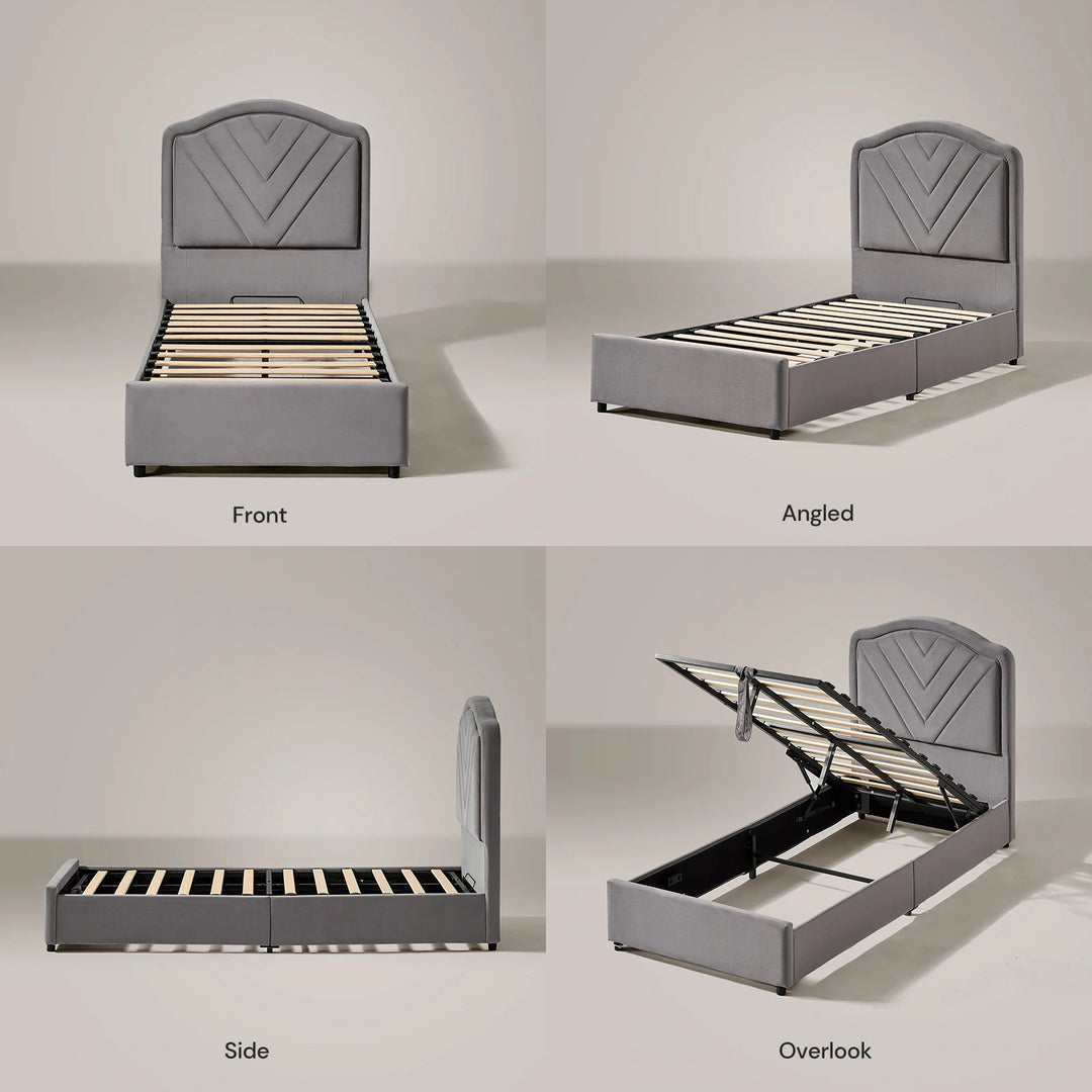 Front, side and open-storage views of the Luniva Grey LED Single Bed Frame