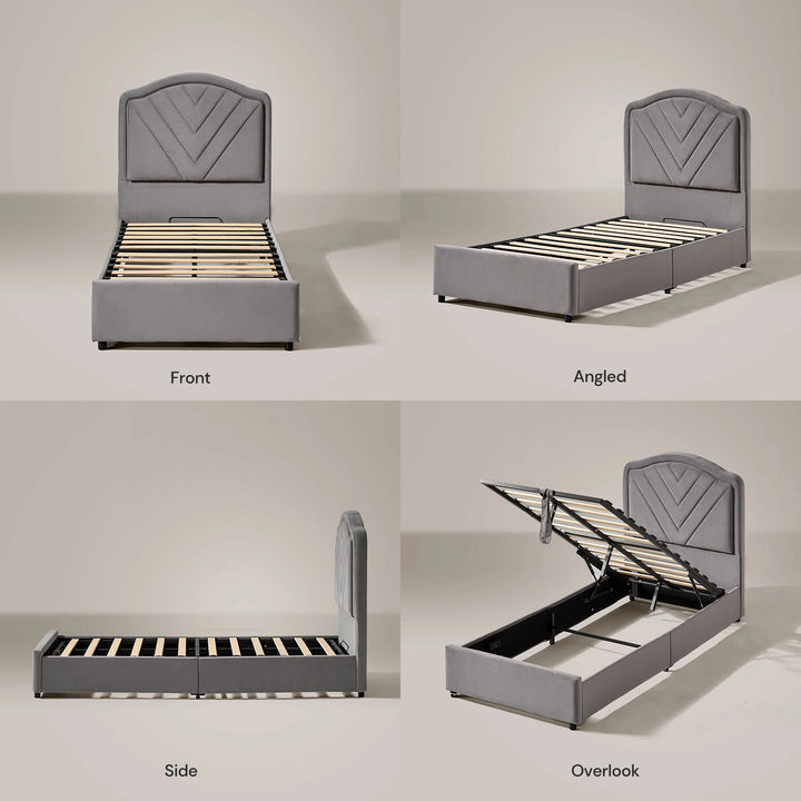 Front, side and open-storage views of the Luniva Grey LED Single Bed Frame