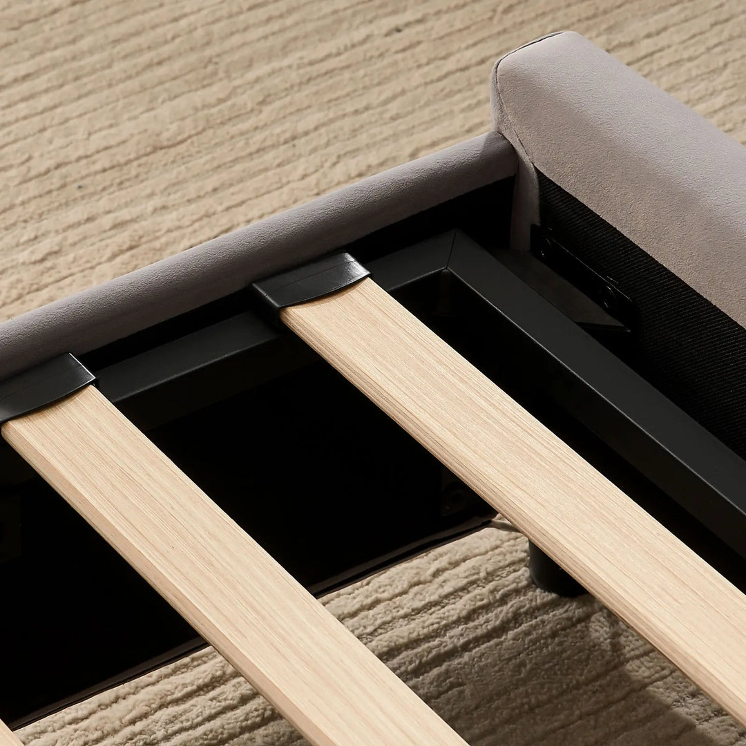 Bed frame detail showing flat slats and metal support structure on the Luniva Grey LED Single Bed