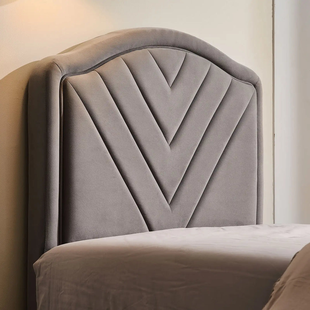 Headboard detail of the Luniva Grey LED Single Bed Frame with diamond stitching and velvet upholstery