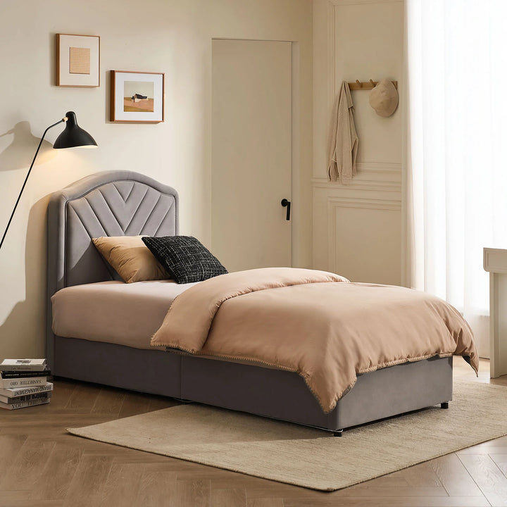 Luniva Grey LED Single Bed Frame in a bright daytime bedroom