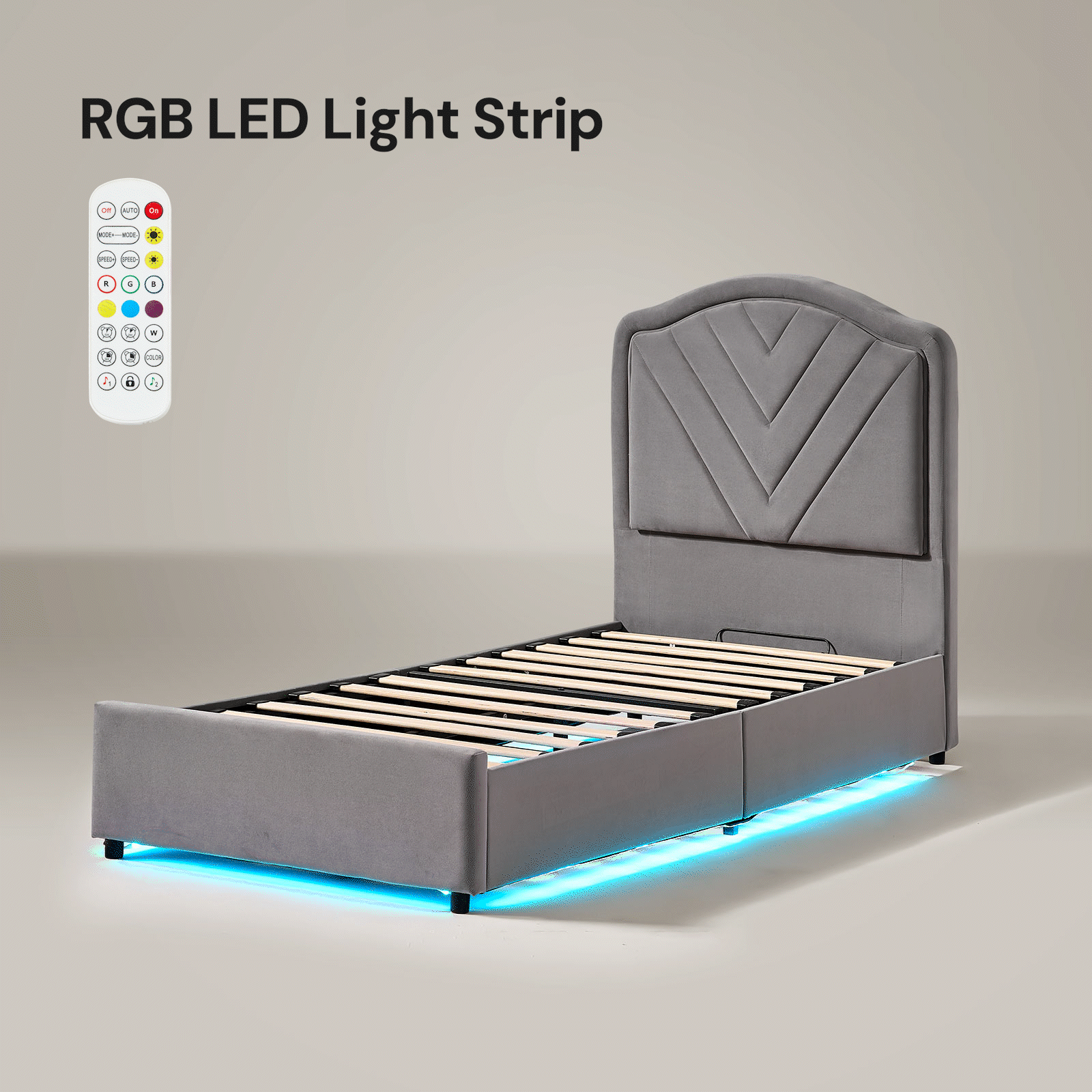 Luniva Ottoman Storage Bed Frame, RGB Light Single Upholstered Bed ...