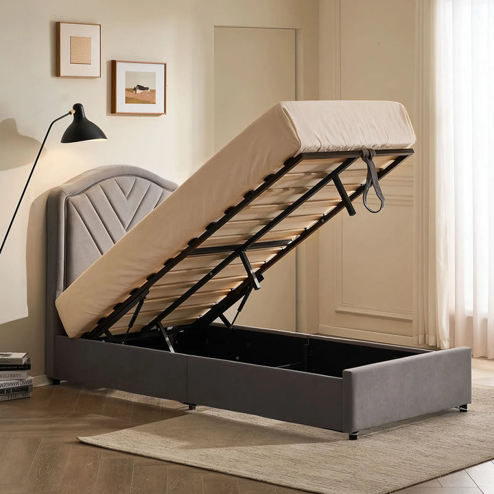 Luniva Grey LED Single Bed Frame with ottoman storage open