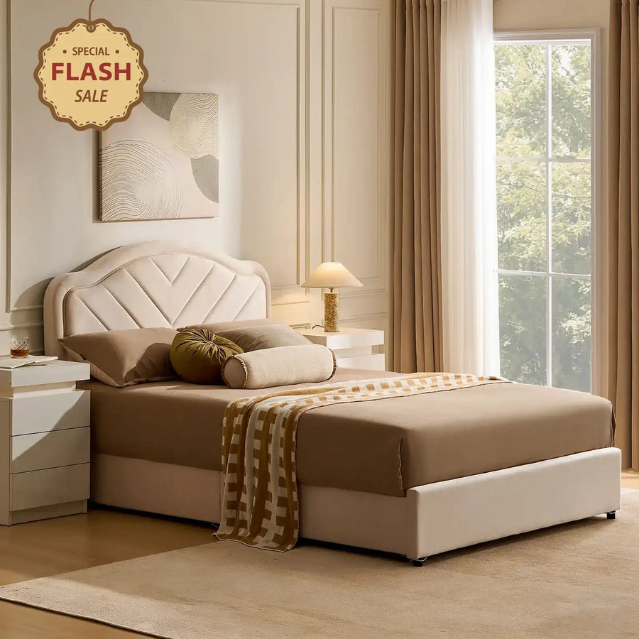 Luniva Cream LED Double Bed Frame in a bright bedroom