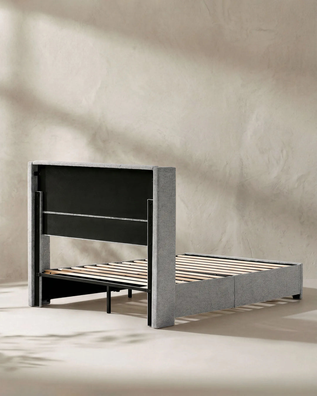 Luvon grey Double Bed Frame white background – rear view
