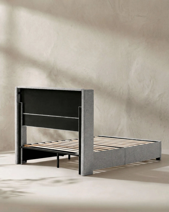 Luvon grey Double Bed Frame white background – rear view