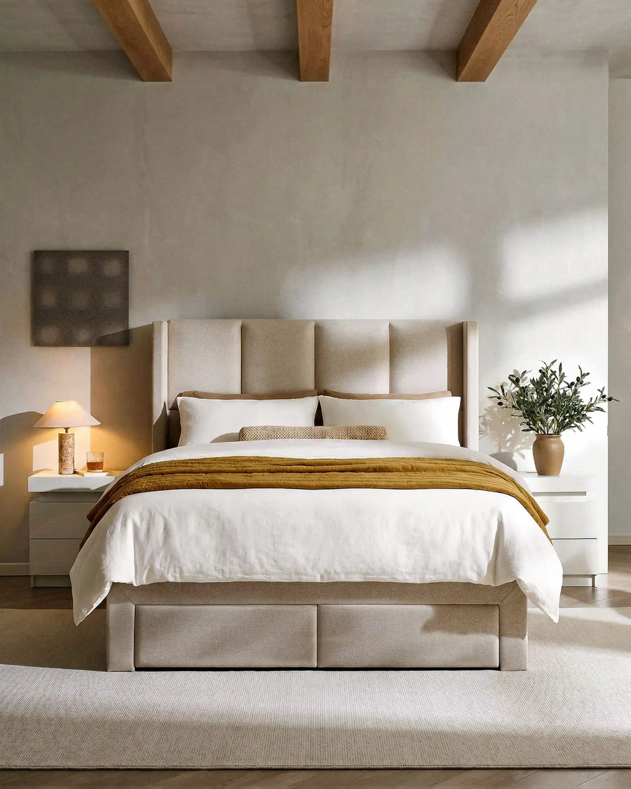 Luvon Beige Double Bed Frame in a modern minimalist bedroom – front view