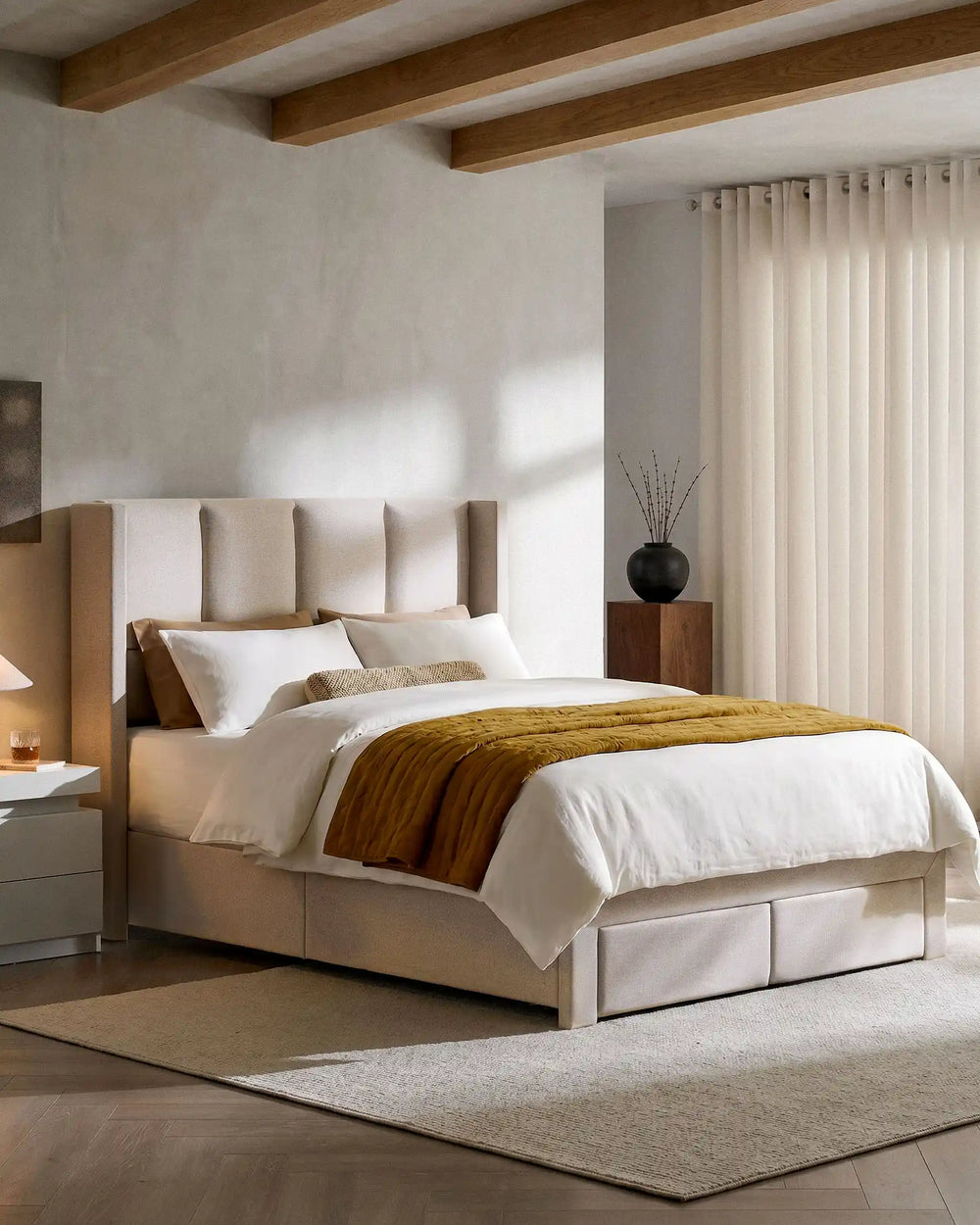 Luvon Beige Double Bed Frame in a contemporary neutral bedroom – side view