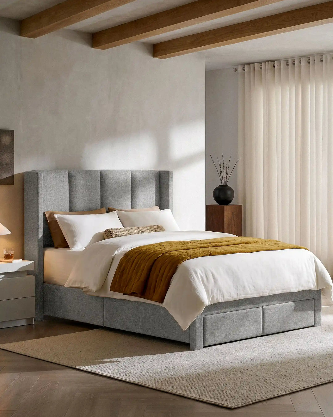 Luvon grey Double Bed Frame in a contemporary neutral bedroom – side view