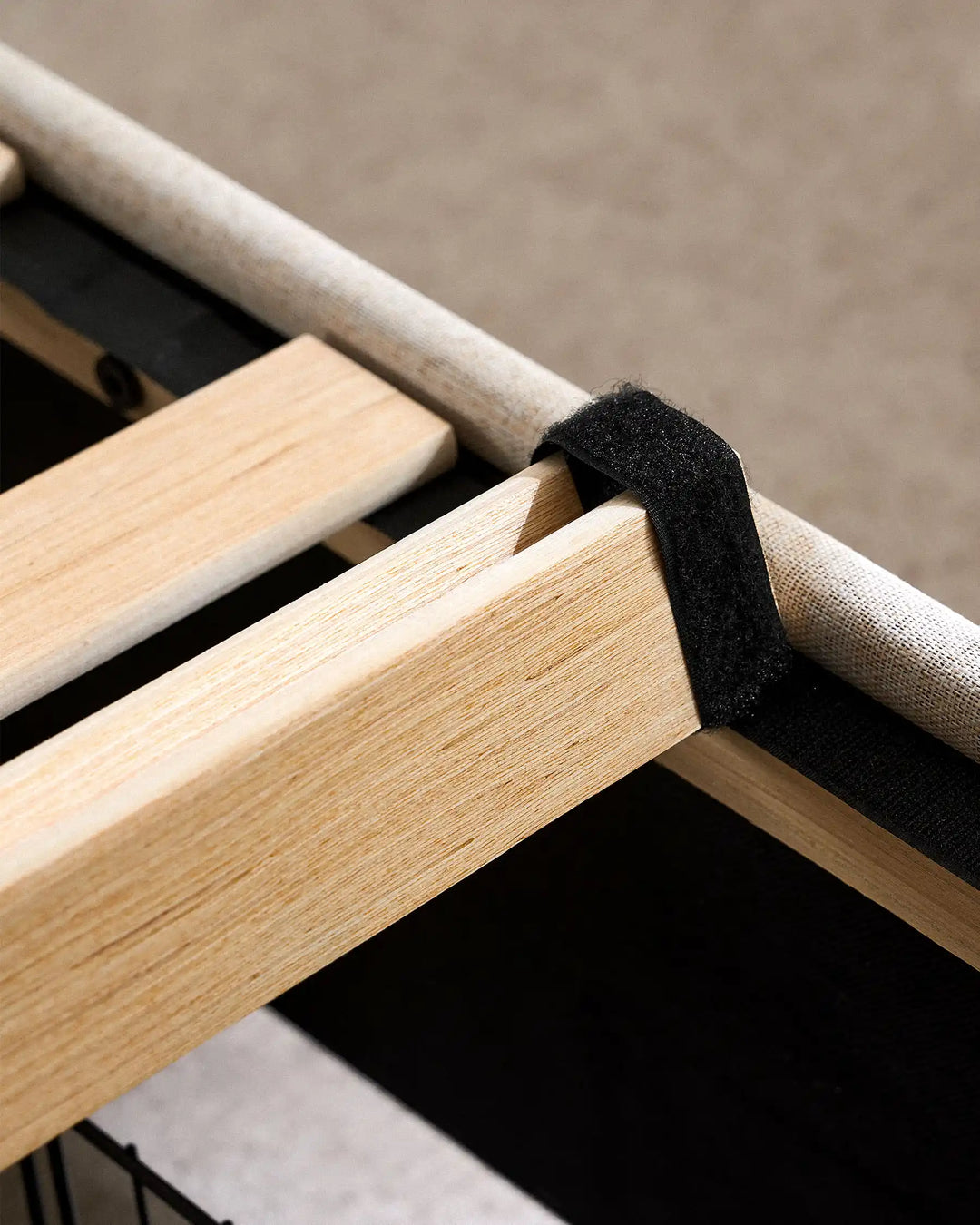 Detail of Luvon wooden slatted bed base for mattress support