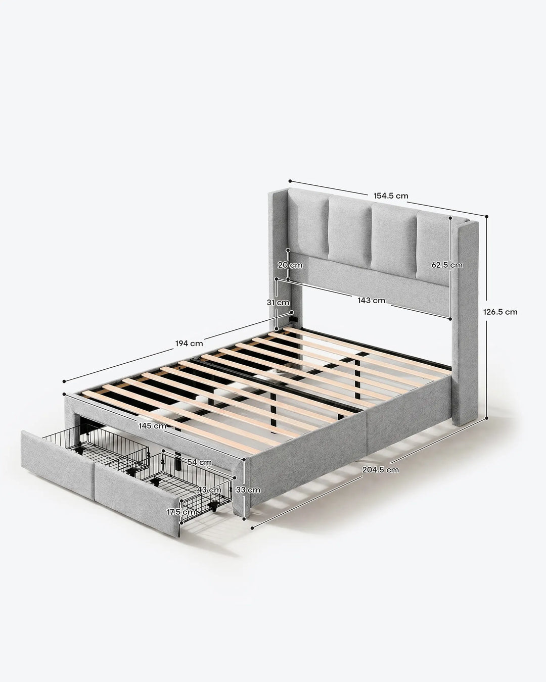 Luvon grey Double Bed Frame dimensions and detailed size information
