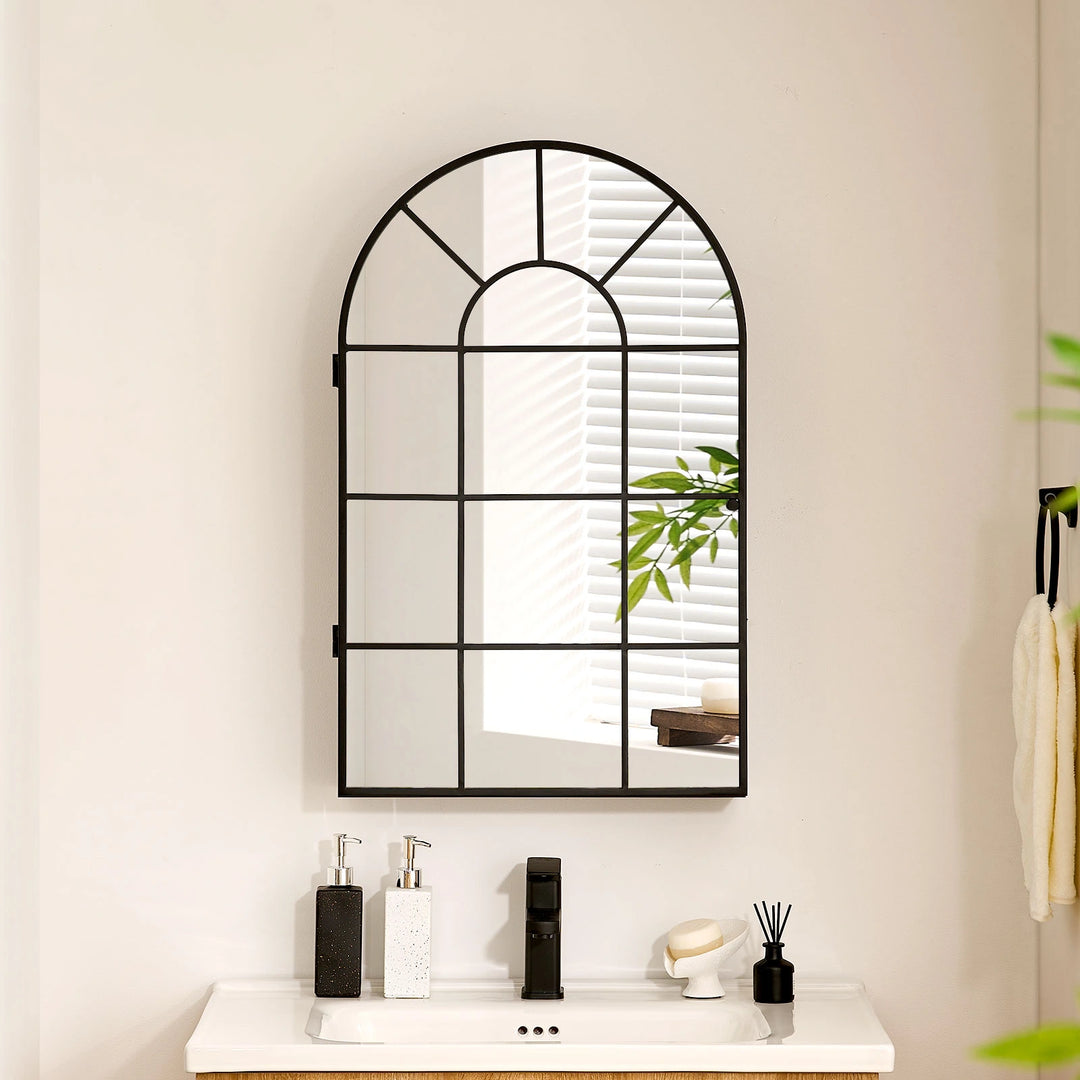 Margot arched Mirror above bathroom sink, cabinet doors closed