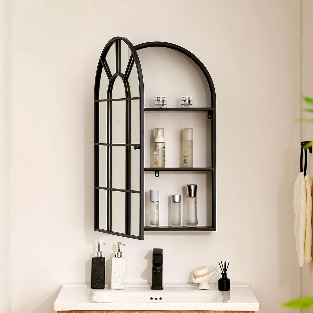 Margot arched Mirror above bathroom sink, cabinet doors open with toiletries and makeup on three inner shelves