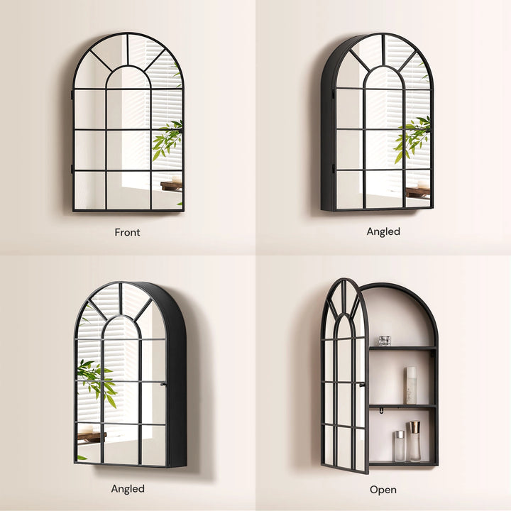 Front and side and doors open views of Margot Window Mirror cabinet