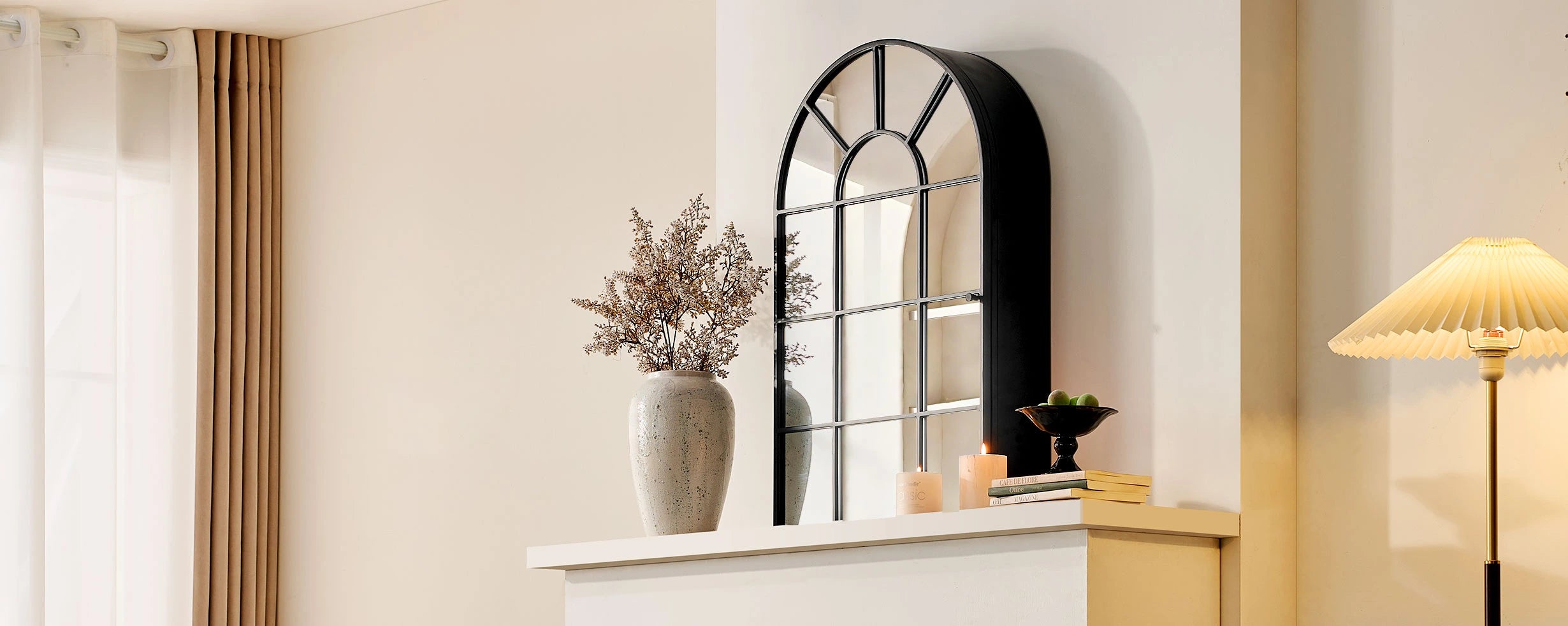 Margot Window Mirror cabinet above fireplace, used as decorative fireplace mirror