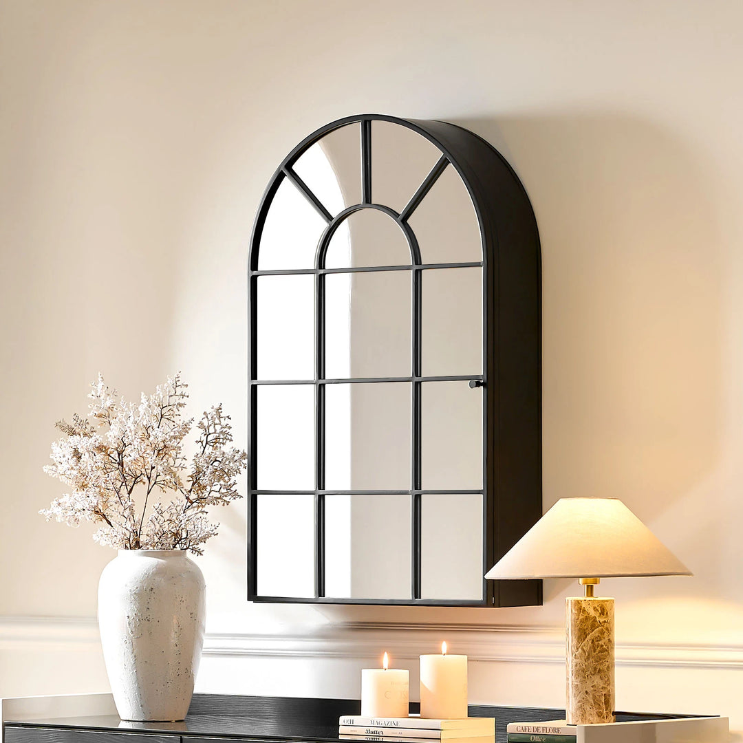 Side view of Margot arched Mirror as hallway mirror hanging on entrance wall