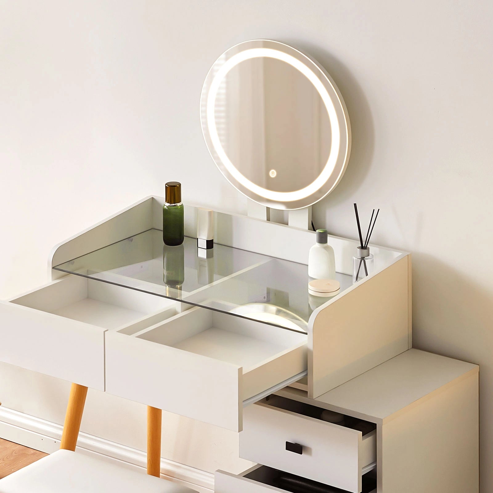 Marilee dressing table with round mirror, glass tabletop and two storage drawers