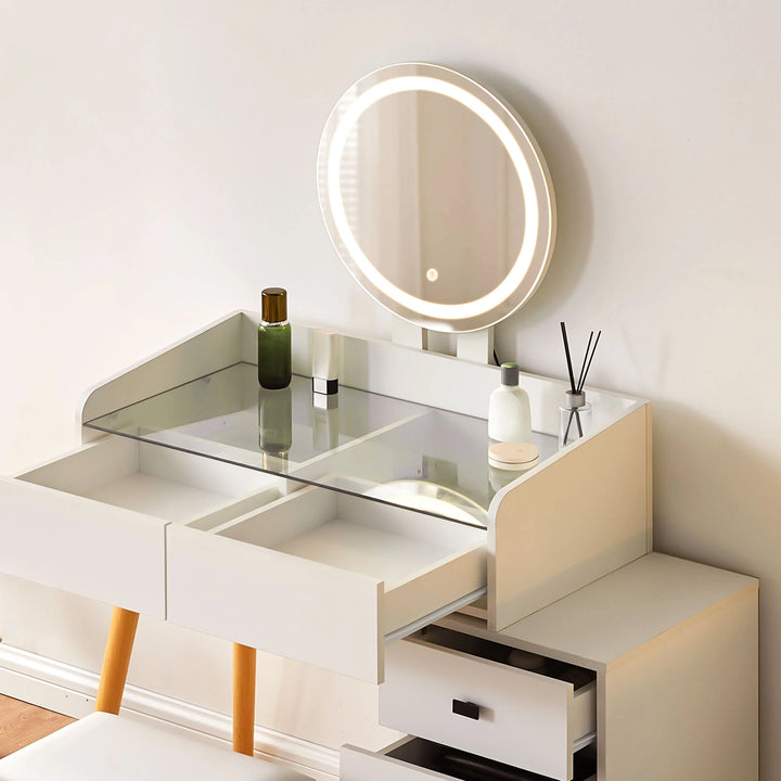 Marilee dressing table with round mirror, glass tabletop and two storage drawers